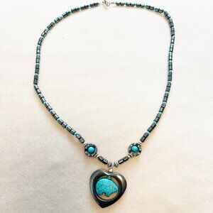 Turquoise Stone Pendant Necklace Hematite Beaded Southwestern Bear Boho Jewelry